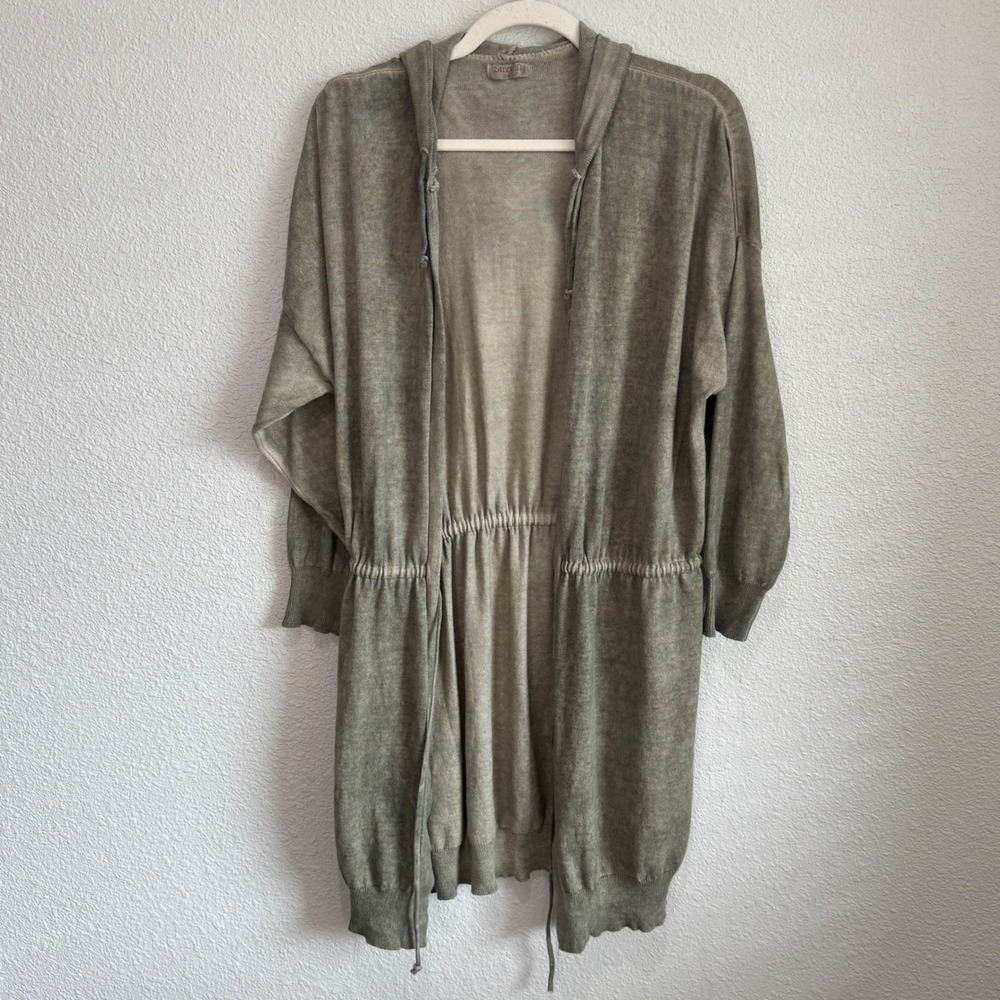 Suzy D London Olive‎ Green 100% Cotton Longline Hooded Drawstring Cardigan M/L